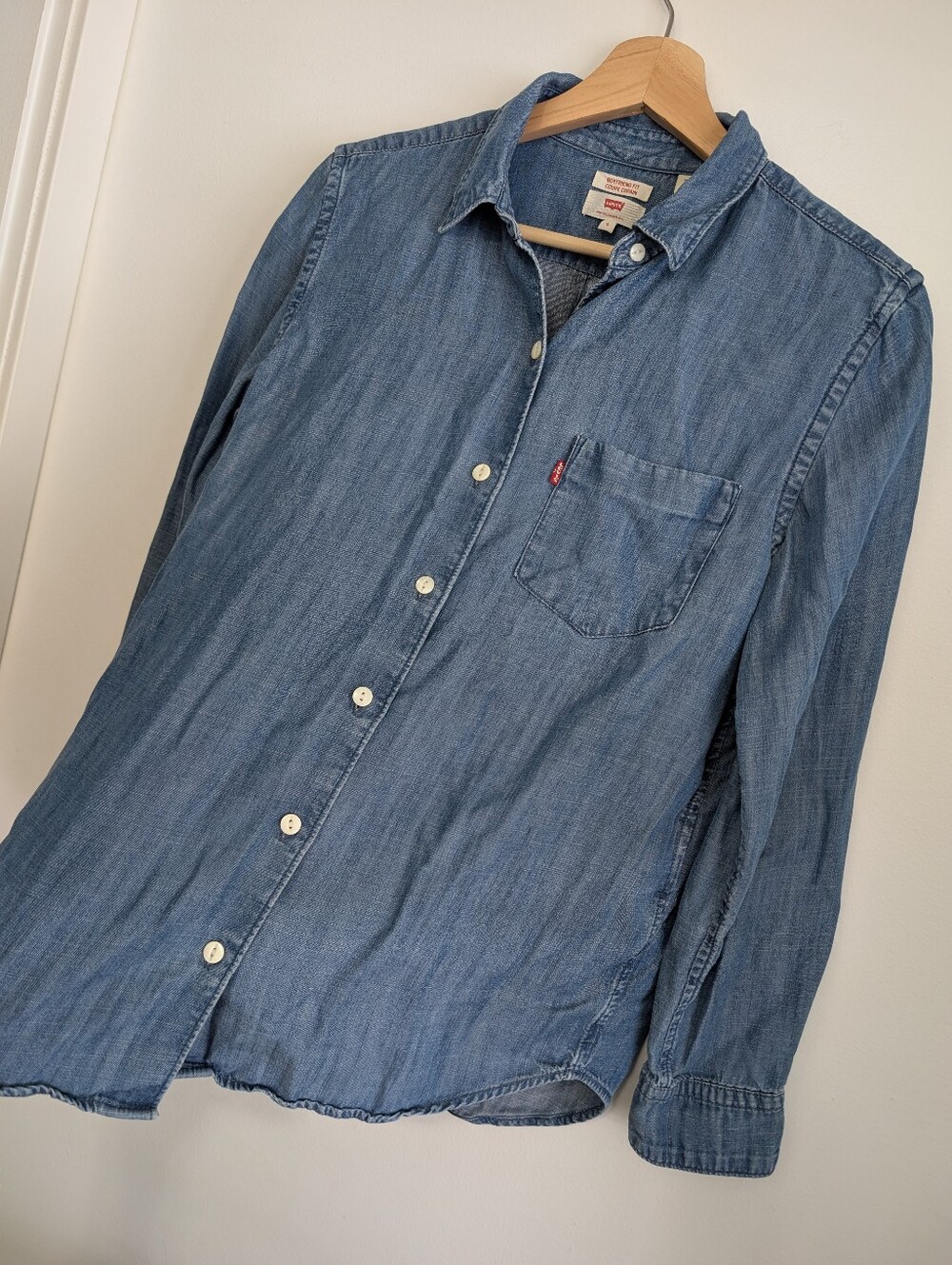 Levis Small Western Button Down Denim Shirt Boyfriend Fit Distressed Blue Jean